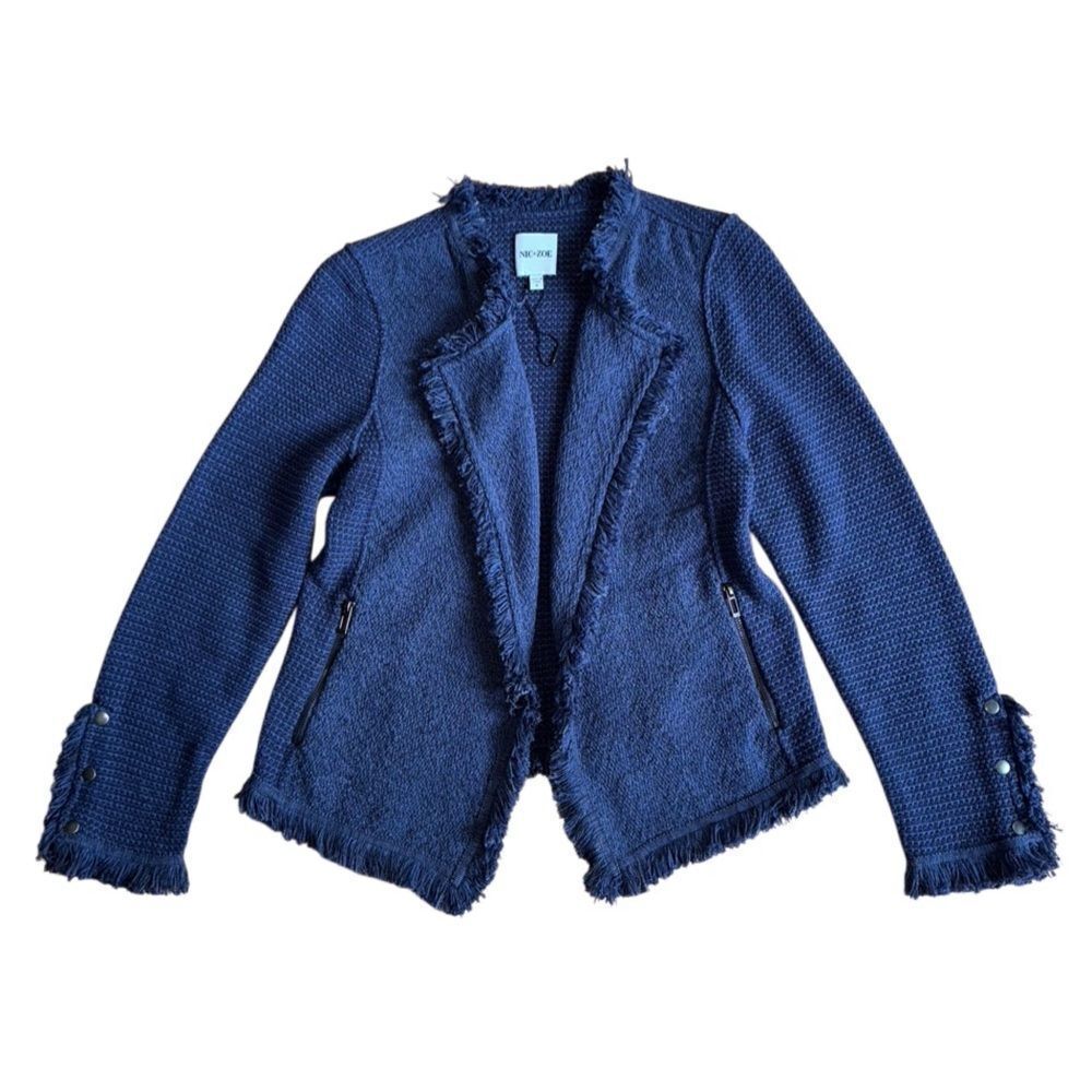Nic+Zoe Women's Fringe Mix Textured Blazer Jacket in Navy Size Small - Picture 4 of 9